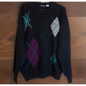 Vintage 90s Stefano Argyle Diamond Sweater Crewneck Large L Preppy